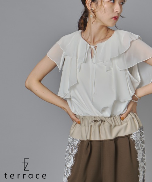 terrace(テラス)の「フリルカラーノースリーブブラウス(Tシャツ/カットソー・レディース・ブラック/チャコール/オフホワイト・FREE)」の1枚目の写真
