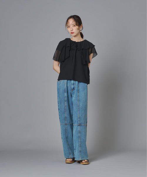 terrace(テラス)の「フリルカラーノースリーブブラウス(Tシャツ/カットソー・レディース・ブラック/チャコール/オフホワイト・FREE)」の11枚目の写真