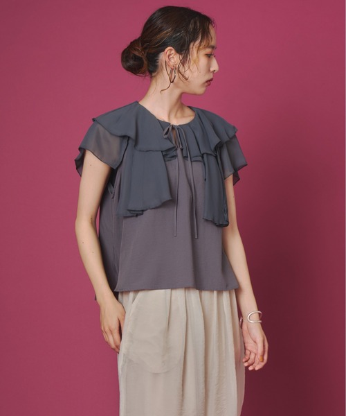 terrace(テラス)の「フリルカラーノースリーブブラウス(Tシャツ/カットソー・レディース・ブラック/チャコール/オフホワイト・FREE)」の21枚目の写真