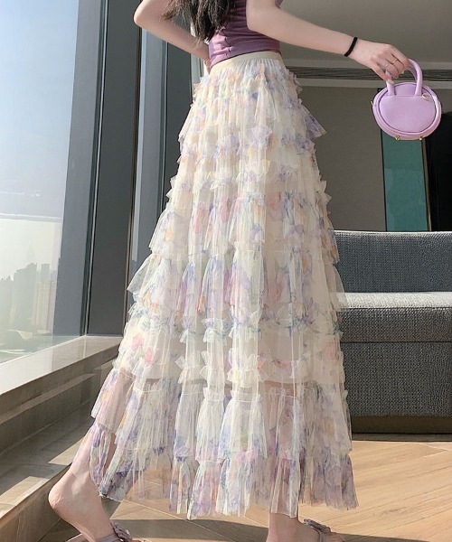 &soiree(アンドソワレ)の「ウエストゴムフリルティアード花柄チュールスカート(スカート・レディース・ホワイト・X-LARGE/LARGE/MEDIUM/SMALL)」の5枚目の写真
