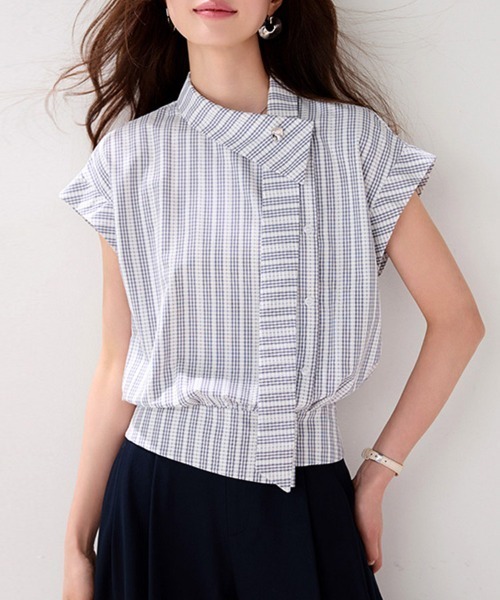 ReRe(リリ)の「チェック柄スタンドカラー半袖ブラウス(シャツ/ブラウス・レディース・チェック・MEDIUM/X-LARGE/LARGE)」の1枚目の写真