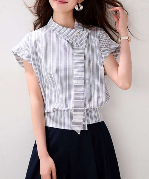 ReRe(リリ)の「チェック柄スタンドカラー半袖ブラウス(シャツ/ブラウス・レディース・チェック・MEDIUM/X-LARGE/LARGE)」の4枚目の写真