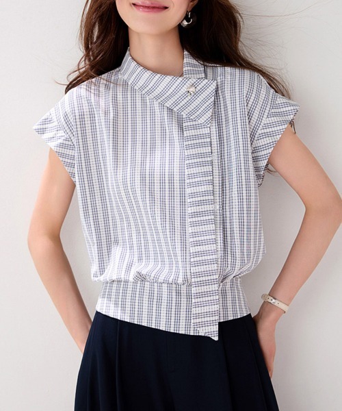 ReRe(リリ)の「チェック柄スタンドカラー半袖ブラウス(シャツ/ブラウス・レディース・チェック・MEDIUM/X-LARGE/LARGE)」の5枚目の写真