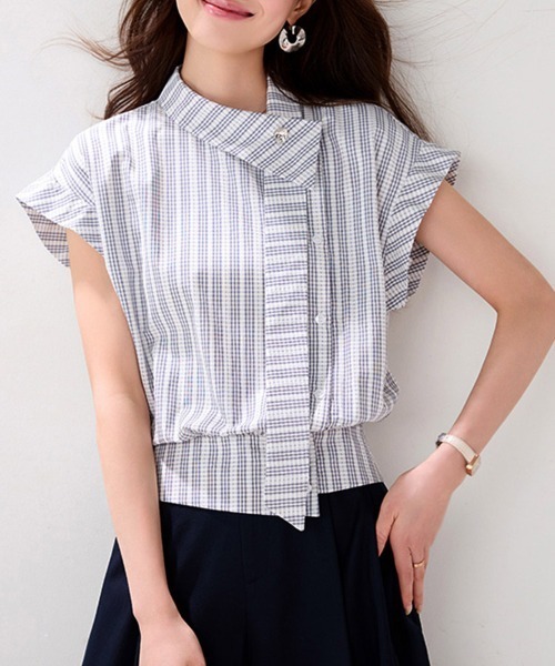 ReRe(リリ)の「チェック柄スタンドカラー半袖ブラウス(シャツ/ブラウス・レディース・チェック・MEDIUM/X-LARGE/LARGE)」の7枚目の写真