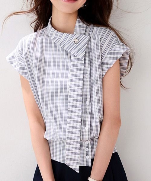 ReRe(リリ)の「チェック柄スタンドカラー半袖ブラウス(シャツ/ブラウス・レディース・チェック・MEDIUM/X-LARGE/LARGE)」の10枚目の写真