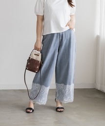裾レースワイドデニムパンツ