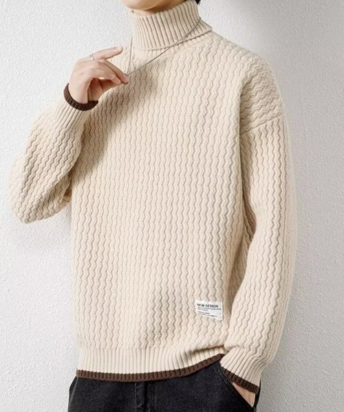 KELVIN(ケルヴァン)の「Wave Texture Turtle Knit ウェーブテクスチャータートルニット(ニット/セーター・メンズ・ブラック/アイボリー・LARGE/MEDIUM)」の1枚目の写真