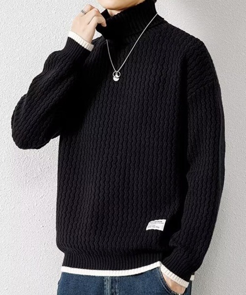 KELVIN(ケルヴァン)の「Wave Texture Turtle Knit ウェーブテクスチャータートルニット(ニット/セーター・メンズ・ブラック/アイボリー・LARGE/MEDIUM)」の2枚目の写真