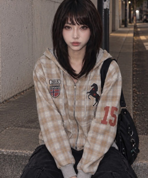 Openyard(オープンヤード)の「『Openyard/オープンヤード』REVERSIBLE CHECK HOODED JACKET/リバーシブルチェックフーディージャケット(パーカー・メンズ・ブラック/ベージュ・M/L)」の1枚目の写真