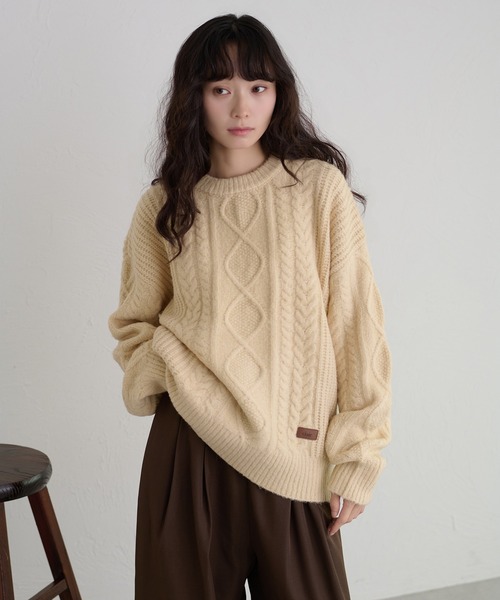 apres jour clair(アプレジュールクレア)の「【apres jour clair】パッチワークケーブルニット(ニット/セーター・レディース・ネイビー/アイボリー/ボルドー/グリーン・X-LARGE/フリー)」の1枚目の写真