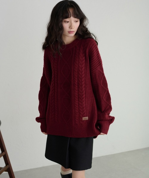 apres jour clair(アプレジュールクレア)の「【apres jour clair】パッチワークケーブルニット(ニット/セーター・レディース・ネイビー/アイボリー/ボルドー/グリーン・X-LARGE/フリー)」の4枚目の写真