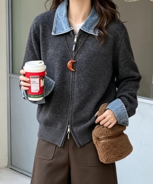 FLINEA(フリネア)の「切り替えデニムニットカーディガン(カーディガン/ボレロ・レディース・ライトグレー/ダークグレー/オフホワイト/ブラック・FREE)」の4枚目の写真