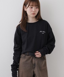 Arinomama ワンポイント刺繍 ギャザースリーブ 長袖Tシャツ 空紡糸天竺