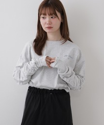 Arinomama ワンポイント刺繍 ギャザースリーブ 長袖Tシャツ 空紡糸天竺