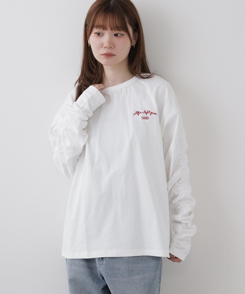 Arinomama(アリノママ)の「Arinomama ワンポイント刺繍 ギャザースリーブ 長袖Tシャツ 空紡糸天竺(Tシャツ/カットソー・レディース・ブラウン/ブラック/トップグレー・FREE)」の7枚目の写真