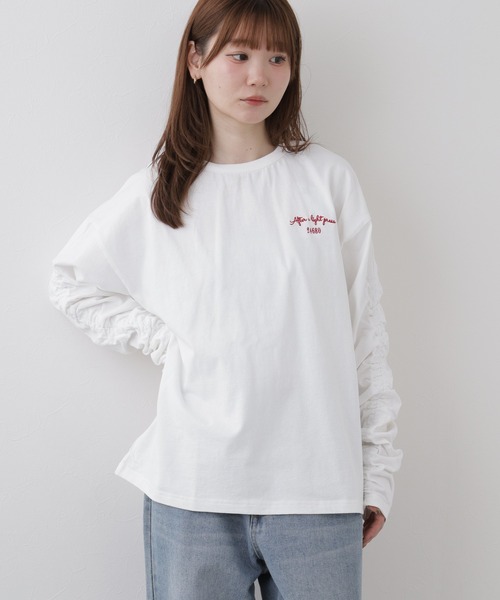 Arinomama(アリノママ)の「Arinomama ワンポイント刺繍 ギャザースリーブ 長袖Tシャツ 空紡糸天竺(Tシャツ/カットソー・レディース・ブラウン/ブラック/トップグレー・FREE)」の8枚目の写真