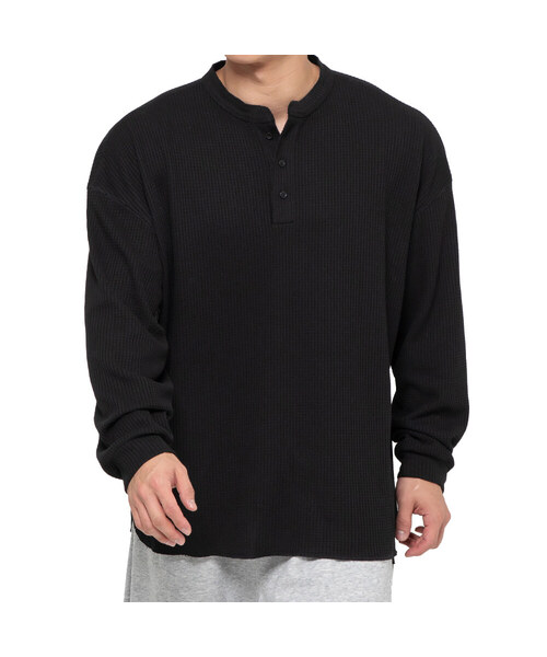 ARDENTSOUL(アーデントソウル)の「ヘビー ワッフル ヘンリーネック オーバーサイズ 長袖 4カラー(Tシャツ/カットソー・メンズ・ブラック/グレー・LARGE/XX-LARGE/X-LARGE)」の1枚目の写真