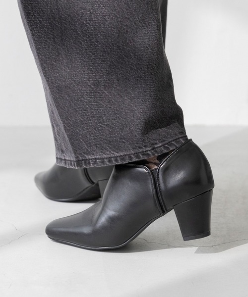 ショートブーツ・ブーティ Quest Leather Mid-Calf Boots スクエアトゥ サイドゴア ブーティー ショートブーツ 太ヒール