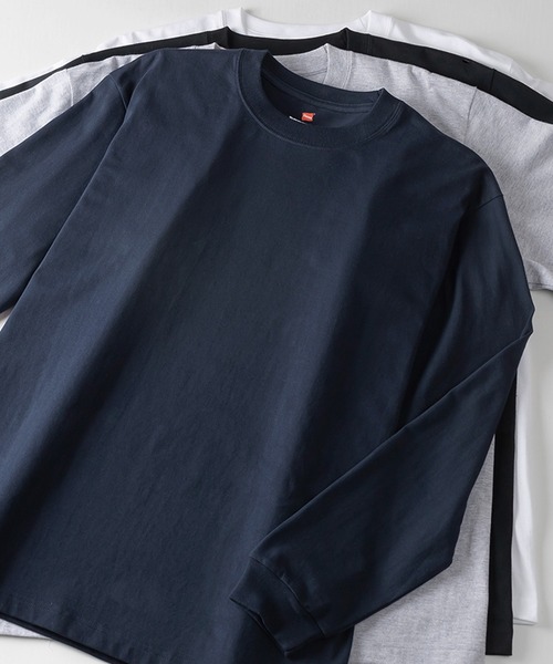 HANES(ヘインズ)の「【Hanes/ヘインズ】 BEEFY LONG SLEEVE ロングTシャツ クルーネック ユニセックス /無地(Tシャツ/カットソー・メンズ・グレー/ホワイト/ネイビー/ブラック・M/L/XL)」の4枚目の写真