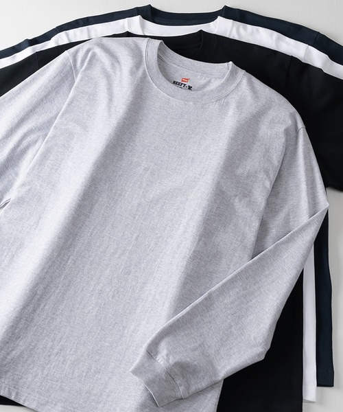 HANES(ヘインズ)の「【Hanes/ヘインズ】 BEEFY LONG SLEEVE ロングTシャツ クルーネック ユニセックス /無地(Tシャツ/カットソー・メンズ・グレー/ホワイト/ネイビー/ブラック・M/L/XL)」の3枚目の写真