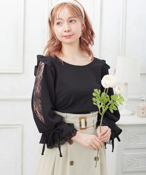 INGNI(イング)の「袖割れトップス(Tシャツ/カットソー・レディース・オフホワイト/グレー×サックスブルー/ブラック/スモークピンク・M)」の2枚目の写真