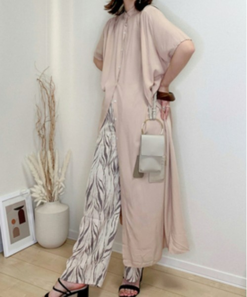 ECRIRE(エクリール)の「スタンドカラー半袖シャツワンピース(シャツワンピース・レディース・ブラック/ベージュ/ネイビー/オフホワイト/グリーン・フリー)」の9枚目の写真