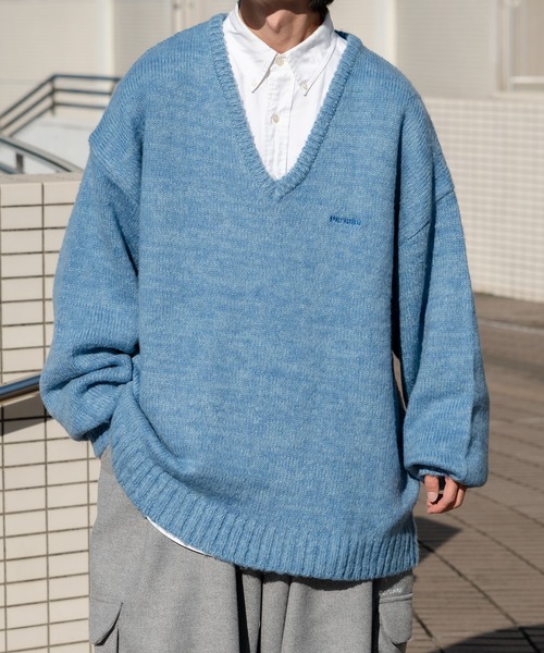 Perushu（ペルーシュ）の「Vネックミックス編みニット（ニット/セーター・メンズ・レッド/カーキ/サックスブルー/イエロー・MEDIUM/LARGE）」の3枚目の写真