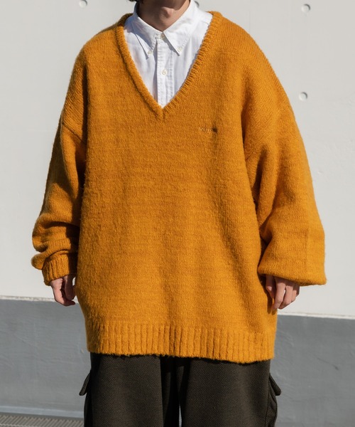 Perushu（ペルーシュ）の「Vネックミックス編みニット（ニット/セーター・メンズ・レッド/カーキ/サックスブルー/イエロー・MEDIUM/LARGE）」の4枚目の写真