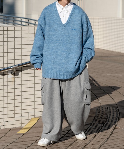 Perushu（ペルーシュ）の「Vネックミックス編みニット（ニット/セーター・メンズ・レッド/カーキ/サックスブルー/イエロー・MEDIUM/LARGE）」の22枚目の写真