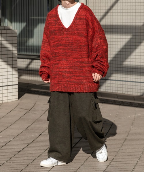 Perushu（ペルーシュ）の「Vネックミックス編みニット（ニット/セーター・メンズ・レッド/カーキ/サックスブルー/イエロー・MEDIUM/LARGE）」の9枚目の写真