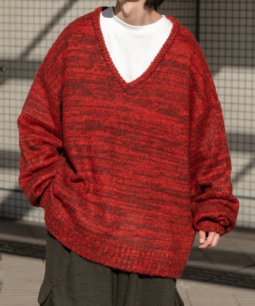 Perushu（ペルーシュ）の「Vネックミックス編みニット（ニット/セーター・メンズ・レッド/カーキ/サックスブルー/イエロー・MEDIUM/LARGE）」の11枚目の写真