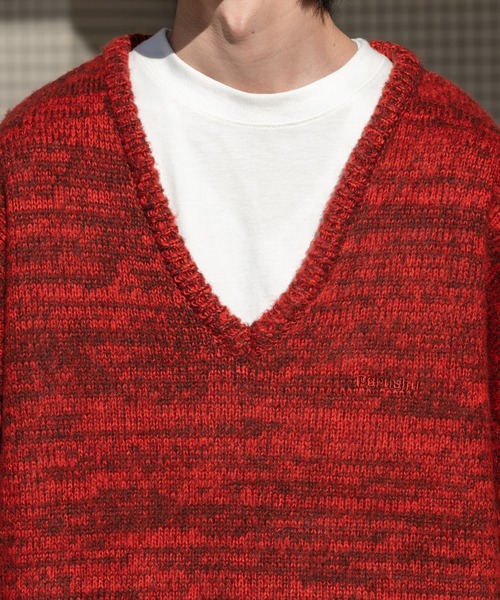 Perushu（ペルーシュ）の「Vネックミックス編みニット（ニット/セーター・メンズ・レッド/カーキ/サックスブルー/イエロー・MEDIUM/LARGE）」の13枚目の写真