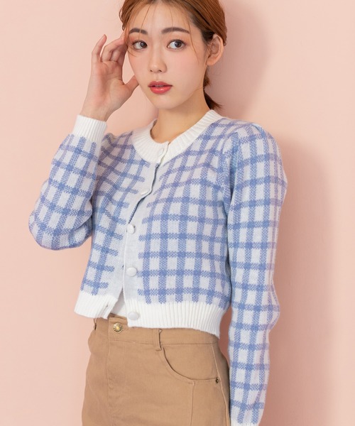 fifth（フィフス）の「ギンガムチェックニットカーディガン（カーディガン/ボレロ・レディース・ピンク/ブルー・M）」の2枚目の写真
