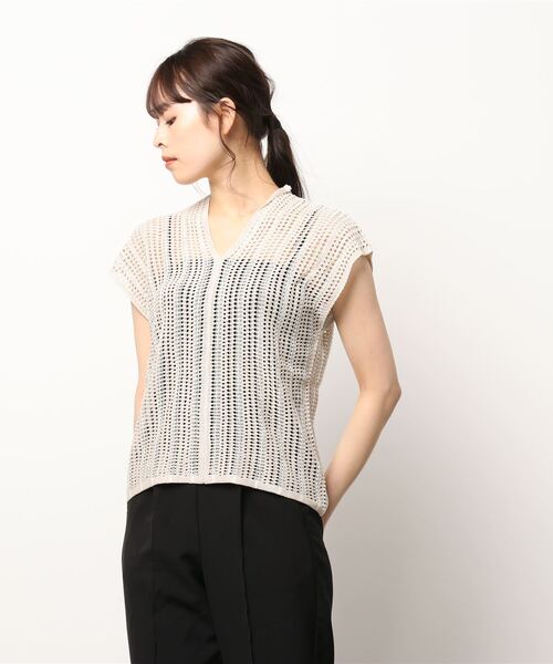 STYLEBLOCK(スタイルブロック)の「A麻タッチストライプ柄OWニットノースリーブトップス(ニット/セーター・レディース・ブラック/ミント/テラコッタ/ホワイト系その他・M)」の2枚目の写真