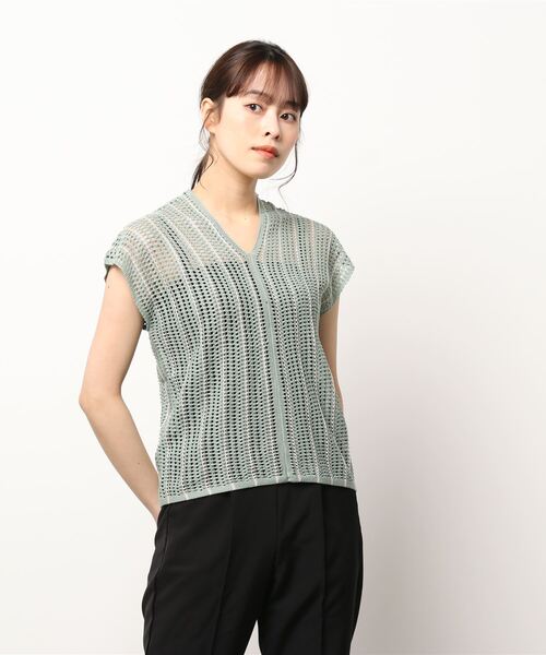 STYLEBLOCK(スタイルブロック)の「A麻タッチストライプ柄OWニットノースリーブトップス(ニット/セーター・レディース・ブラック/ミント/テラコッタ/ホワイト系その他・M)」の4枚目の写真