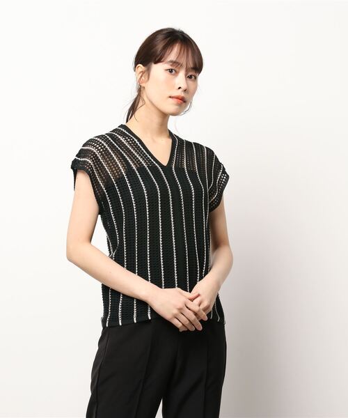 STYLEBLOCK(スタイルブロック)の「A麻タッチストライプ柄OWニットノースリーブトップス(ニット/セーター・レディース・ブラック/ミント/テラコッタ/ホワイト系その他・M)」の1枚目の写真