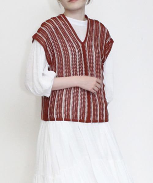 STYLEBLOCK(スタイルブロック)の「A麻タッチストライプ柄OWニットノースリーブトップス(ニット/セーター・レディース・ブラック/ミント/テラコッタ/ホワイト系その他・M)」の3枚目の写真