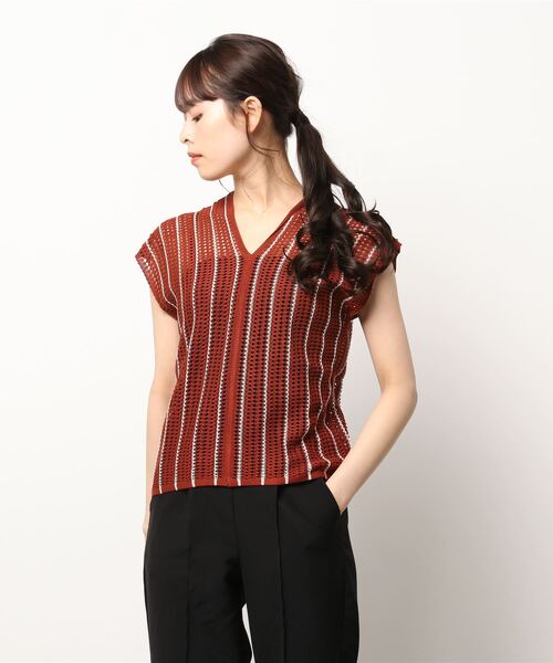 STYLEBLOCK(スタイルブロック)の「A麻タッチストライプ柄OWニットノースリーブトップス(ニット/セーター・レディース・ブラック/ミント/テラコッタ/ホワイト系その他・M)」の6枚目の写真