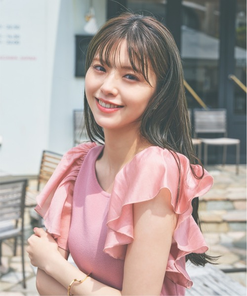 PROPORTION BODY DRESSING(プロポーションボディドレッシング)の「ウエストリボンシアーラッフルスリーブニットタイトOP / 1212140506(ワンピース・レディース・ネイビー/イエロー系その他/ピンク・MEDIUM/SMALL)」の6枚目の写真