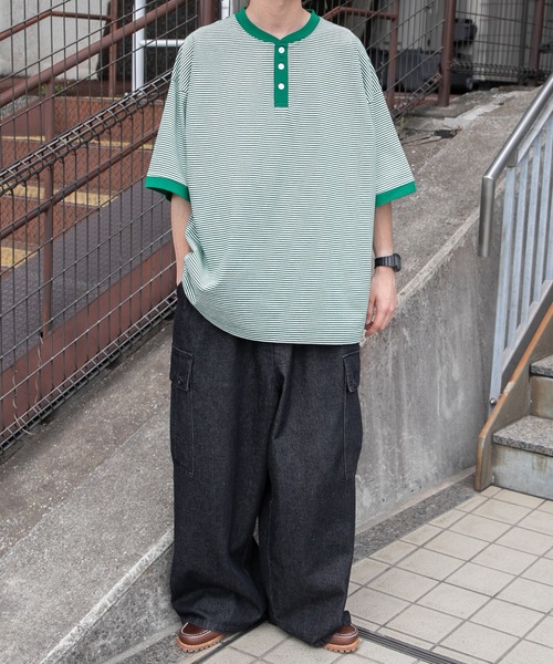 kutir(クティール)の「ヘンリーネックボーダービッグTシャツ(Tシャツ/カットソー・メンズ・ブラック/グリーン/ボルドー・MEDIUM/LARGE)」の15枚目の写真