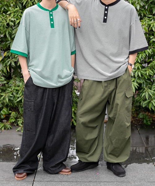 kutir(クティール)の「ヘンリーネックボーダービッグTシャツ(Tシャツ/カットソー・メンズ・ブラック/グリーン/ボルドー・MEDIUM/LARGE)」の14枚目の写真