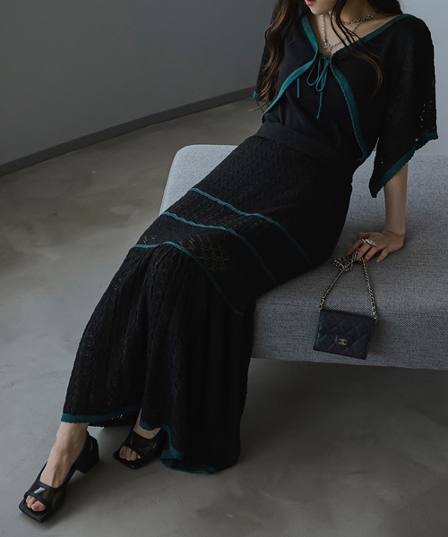 Ezick(エジック)の「2WAYクロシェ風マーメイドワンピース(ワンピース・レディース・ブラック/ベージュ・FREE)」の5枚目の写真