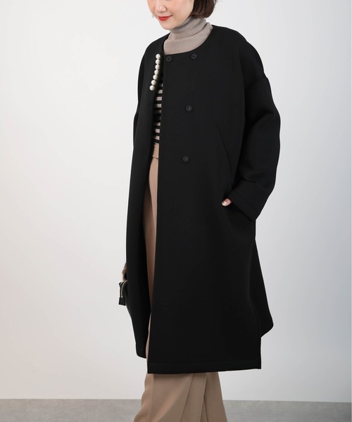 PICCIN PERLA（ピッチンペルラ）の「パール付きダンボールニットコート（ノーカラーコート・レディース・ベージュ/ブラック・M）」の3枚目の写真