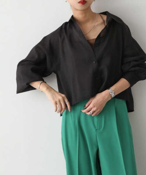 Chillfar(チルファー)の「ショート丈シアーシャツ(シャツ/ブラウス・レディース・ホワイト/グリーン/ピンク/ブルー/ブラック/グレイッシュベージュ・MEDIUM/LARGE)」の13枚目の写真