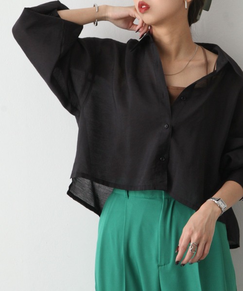 Chillfar(チルファー)の「ショート丈シアーシャツ(シャツ/ブラウス・レディース・ホワイト/グリーン/ピンク/ブルー/ブラック/グレイッシュベージュ・MEDIUM/LARGE)」の14枚目の写真