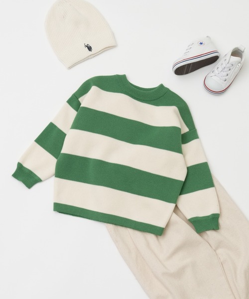 CIAOPANIC TYPY（チャオパニックティピー）の「【KIDS】ワイドボーダージャガードニット（ニット/セーター・キッズ・ホワイト/グリーン・S/M/L/XL/XXL）」の2枚目の写真