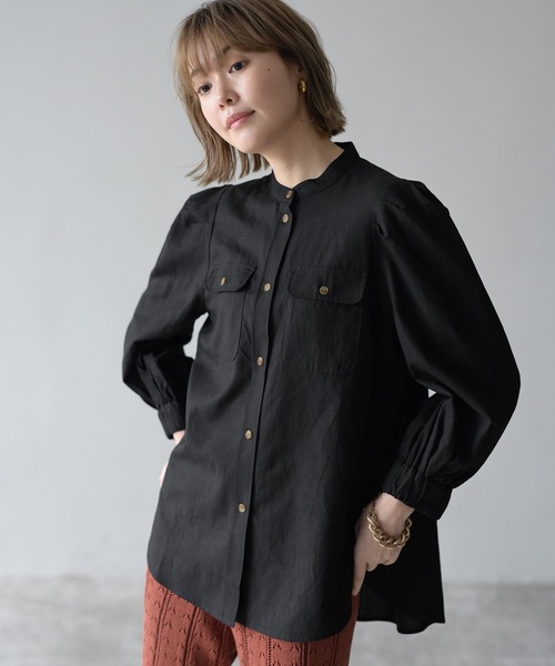 ササキチホ　リネン パフスリーブ 半袖 ブラウス 黒 HERENCIA（ヘレンチア）の「リネン混 パフスリーブ ブラウス（シャツ
