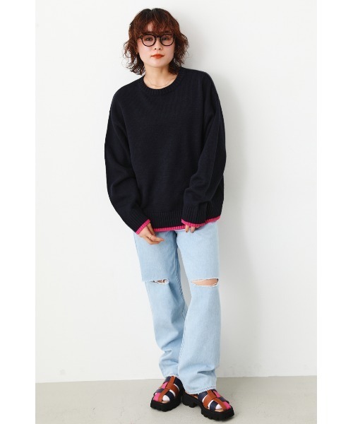 RODEO CROWNS WIDE BOWL（ロデオクラウンズワイドボウル）の「ポイントカラーニットトップス（ニット/セーター・レディース・グリーン/アイボリー/ネイビー・FREE）」の7枚目の写真