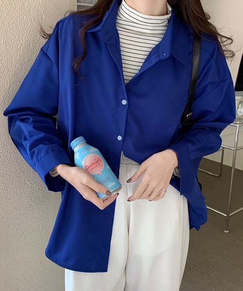 Girly Doll(ガーリードール)の「カラバリオーバーサイズシャツ(シャツ/ブラウス・レディース・ホワイト/ライトブルー/ブラウン/パープル/ベージュ/グリーン/ピンク/イエロー/オレンジ/ブルーパープル/ブルーグレー/モカ/ダークブルー・F)」の9枚目の写真