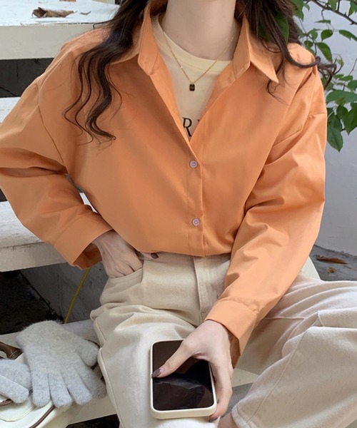 Girly Doll(ガーリードール)の「カラバリオーバーサイズシャツ(シャツ/ブラウス・レディース・ホワイト/ライトブルー/ブラウン/パープル/ベージュ/グリーン/ピンク/イエロー/オレンジ/ブルーパープル/ブルーグレー/モカ/ダークブルー・F)」の13枚目の写真